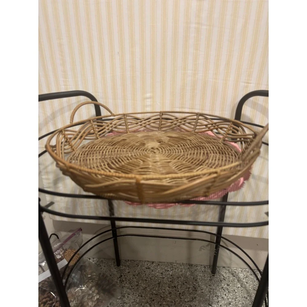 Round Wicker Serving Tray with Handles 15 Inch Natural Rattan Boho Decor